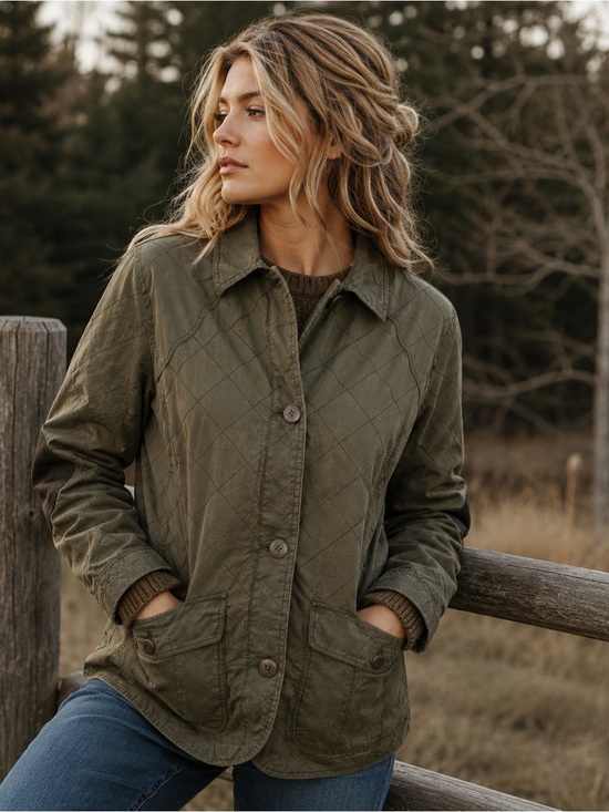 Eddie Bauer Jackets & Blazers - Eddie Bauer Olive Waxed Quilted Barn Jacket Utility Coat Women’s L